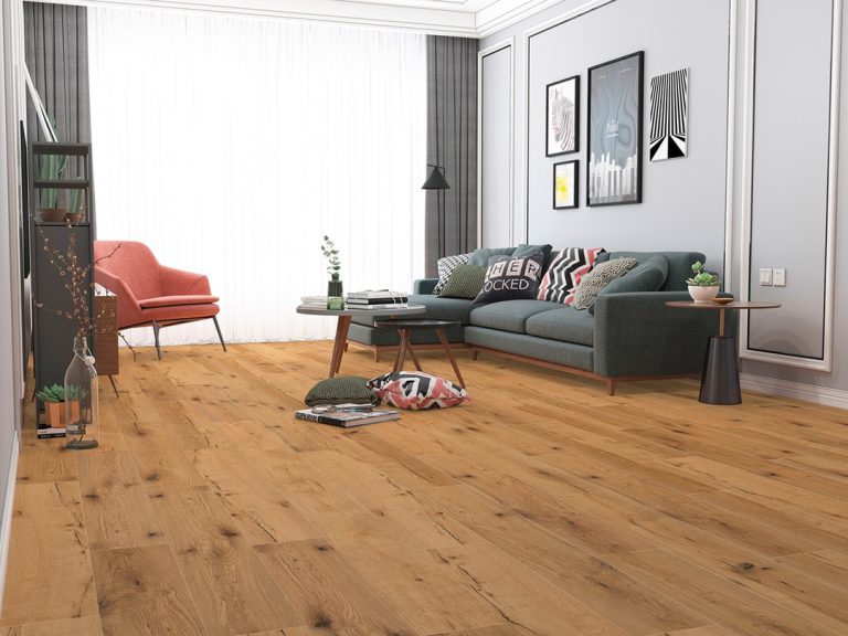 Living room with white oak hardwood flooring.