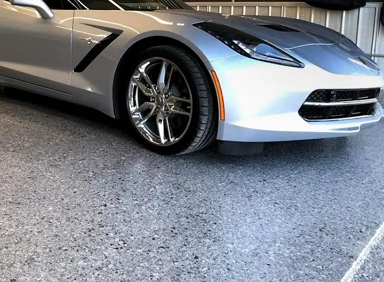 Silver Sports Car on Colorful Epoxy Garage Floor